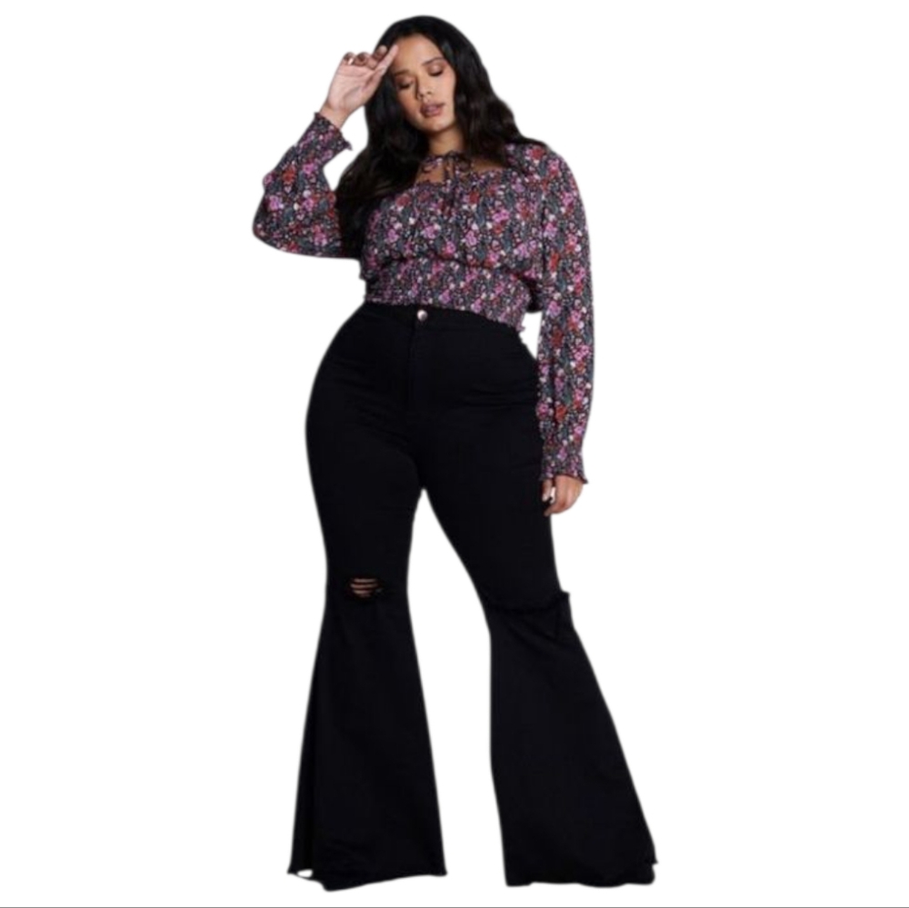 Black Wide Leg Jeans with High Waist Distressed Raw Hem Plus Size 2 XL NWT